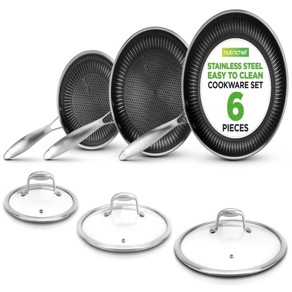 NutriChef 3-Piece Stainless Steel Frying Pan Set with Lids, Triply Kitchen Cookware with DAKIN Etching Nonstick Coating, Small, Medium & Large Skillets