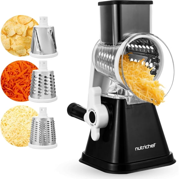 NutriChef 3-in-1 Cheese Grater & Shredder  Rotary Hand-Crank Grater with Strong Suction Base & Safety Lock, Includes 3 Drum Blades for Fine, Medium & Strip Cuts, Black