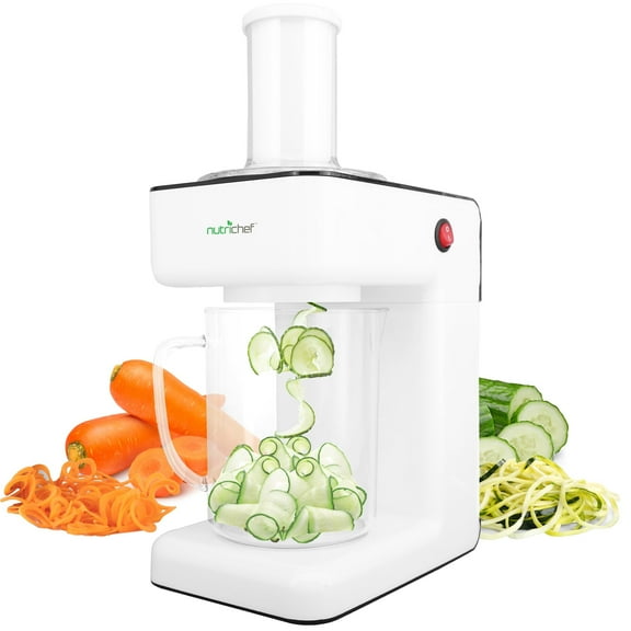 NutriChef 3-in-1 Electric Vegetable Chopper, Spiralizer, and Salad Maker - Fruit Cutter, Spiral Shredder Machine, Veggie Spaghetti & Noodle Maker  Includes Food Plunger & 1.2L Bowl