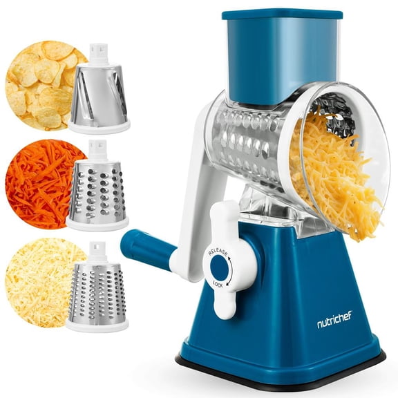 NutriChef 3-in-1 Rotary Cheese Grater & Shredder with Strong Suction Base, Safety Lock Handle, Hand Crank & 3 Interchangeable Drum Blades (Fine, Medium, Strips)