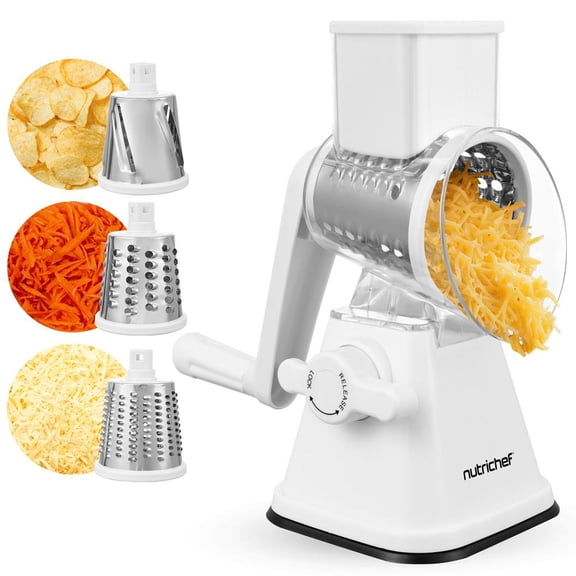 NutriChef 3-in-1 Rotary Cheese Grater & Shredder with Strong Suction Base, Safety Lock Handle, Hand Crank & 3 Interchangeable Drum Blades (Fine, Medium, Strips)