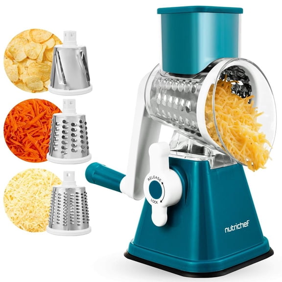 NutriChef 3-in-1 Rotary Cheese Grater & Shredder with Strong Suction Base, Safety Lock Handle, Hand Crank & 3 Interchangeable Drum Blades (Fine, Medium, Strips)