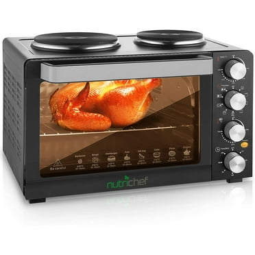 NutriChef 30 Quarts Kitchen Convection Oven - 1400 Watt Countertop Turbo, Rotisserie Roaster Cooker with Grill, Griddle Top Rack, Dual Hot Plates, Toaster, Baking Tray, Skewers and Handles - PKRTO