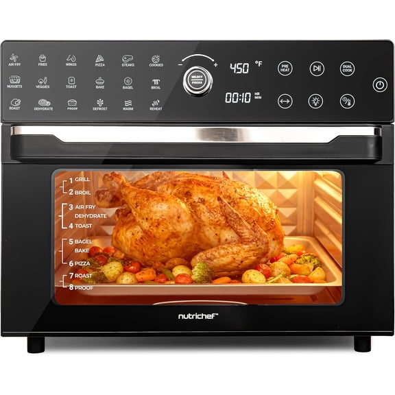 NutriChef 32 Quart Digital Air Fryer & Convection Oven, 20 Presets, Dual Cook, Rotisserie & Multi-Function Countertop Oven, 18"x17"x14", Black