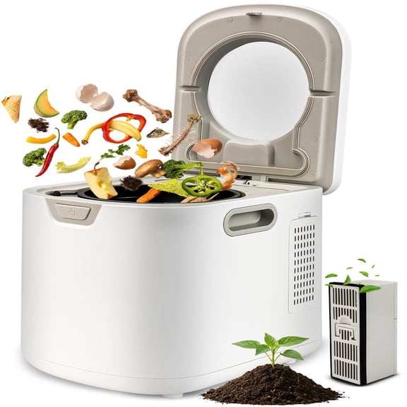 NutriChef 4-Quart Electric Kitchen Composter, Smart Countertop Indoor Compost Bin with 2 Odorless Carbon Filters, 3 Volume Modes, White
