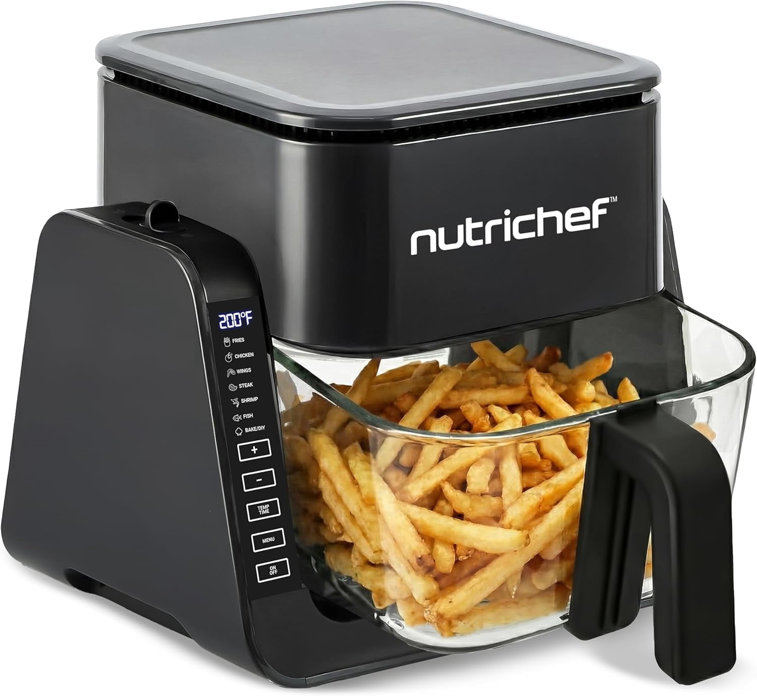 NutriChef 4QT Air Fryer & Grill Combo, 7 Preset Cook Modes, Transparent Glass Fry Bowl, 1.2QT Grill, Black