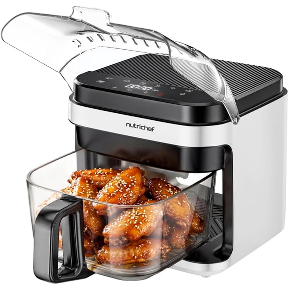 NutriChef 5.8 Qt Glass Air Fryer – 8-in-1 Digital Presets, Stainless Steel Design, Glass Fry Bowl with Flip-Up Safety Shield, Compact Air Fryer for Even Cooking (White)