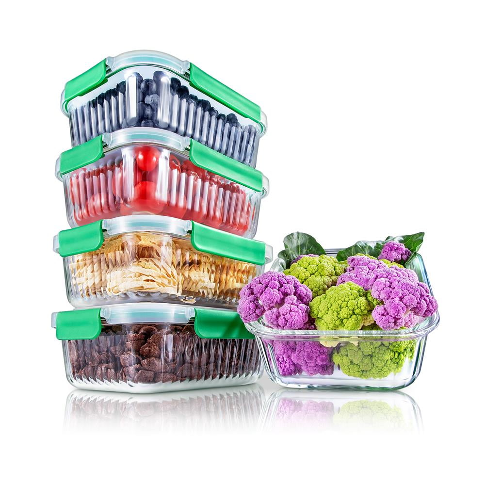 NutriChef 5-Piece Glass Food Storage Containers with Green Lids