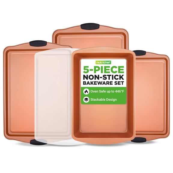 NutriChef 5-Piece Non-Stick Bakeware Set, Stackable Baking Pans with Silicone Handles, 3 Cookie Sheets, Baking Pan with Lid, Premium Kitchen Set for Cakes, Cookies & Brownies