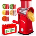 thumbnail image 1 of NutriChef 5-in-1 Cheese Grater & Shredder – Kitchen Grater with 5 Interchangeable Blades for Thin, Thick, Julienne, Wavy & Straight Cuts, Hand Crank, Suction Base & Storage Container (Red), 1 of 5