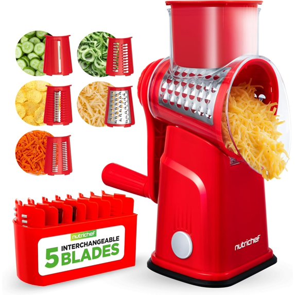 NutriChef 5-in-1 Cheese Grater & Shredder – Kitchen Grater with 5 Interchangeable Blades for Thin, Thick, Julienne, Wavy & Straight Cuts, Hand Crank, Suction Base & Storage Container (Red)