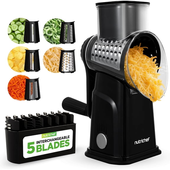 NutriChef 5-in-1 Cheese Grater & Shredder  Kitchen Grater with 5 Interchangeable Blades for Thin, Thick, Julienne, Wavy & Straight Cuts, Hand Crank, Suction Base & Storage Container (Black)