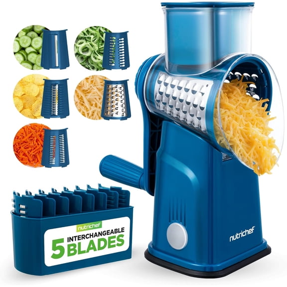 NutriChef 5-in-1 Cheese Grater & Shredder  Kitchen Grater with 5 Interchangeable Blades for Thin, Thick, Julienne, Wavy & Straight Cuts, Hand Crank, Suction Base & Storage Container (Blue)