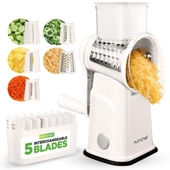 NutriChef 5-in-1 Rotary Cheese Grater & Vegetable Slicer with 5 Interchangeable Blades, Hand Crank, Strong Suction Base & Storage Container, White