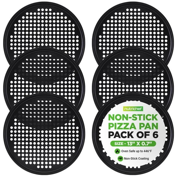 NutriChef 6-Pack13’’ Non-Stick Pizza Pans, Round Pizza Pans for Oven, Commercial-Grade Carbon Steel, Non-Stick Gray Coating, Ideal for Baking Pizza, Cookies and More, Dishwasher Safe