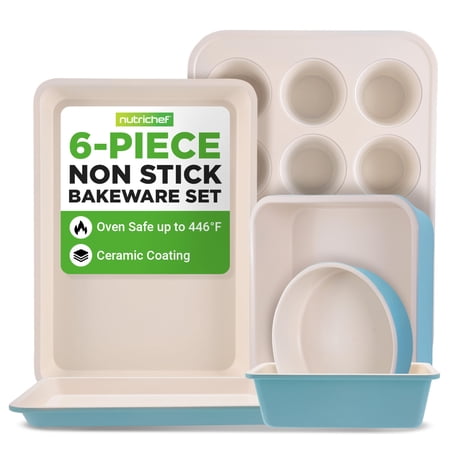 NutriChef 6-Pcs Non-Stick Kitchen Oven Baking Pans Sheets Set, Attractive Green & White Inside Pans