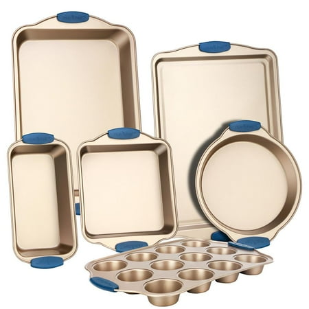 NutriChef 6 Pcs Nonstick Bakeware Set Carbon Steel Baking Trays W/ Heat safe Silicone Handles, Gold