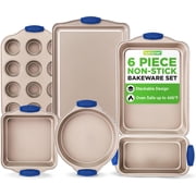 NutriChef 6 Pcs Nonstick Bakeware Set Carbon Steel Baking Trays W/ Heat safe Silicone Handles, Gold