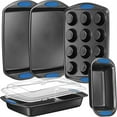 thumbnail image 1 of NutriChef 6-Piece Baking Pan Set Flexible Nonstick Gray Coating Carbon Steel W/ Blue Handles, 1 of 3