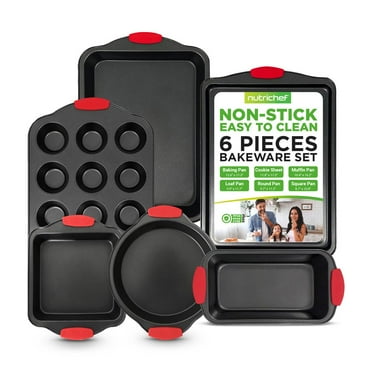 NutriChef 6-Piece Nonstick Bakeware Set Carbon Steel Baking Tray W/ Heat safe Red Silicone Handles