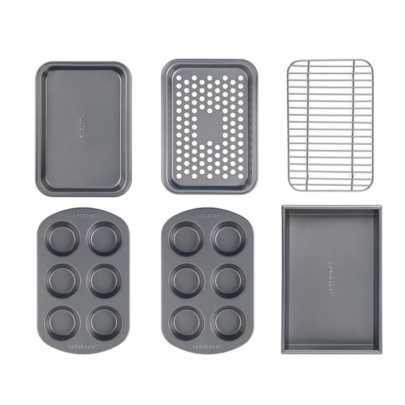 6 Pieces Toaster Bakeware Set - Stackable and Non-Stick Gray Coating Inside & Outside Bake Tray Sheet Bakeware Set (Gray)