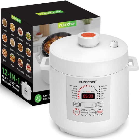 NutriChef 6-Quart Electric Pressure Cooker, 9-Function Digital Countertop Cooker with Adjustable Time & Temperature, Cook, Bake, Steam, Broil & Braise, White