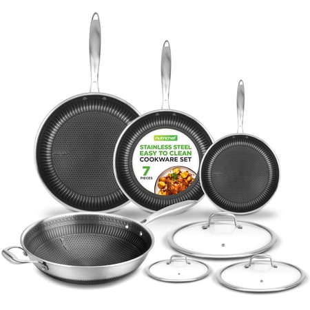 NutriChef 7-Piece Stainless Steel Cookware Set, Triply Kitchenware with DAKIN Etching Nonstick Coating, Small/Medium/Large Stir Fry Pans with Lid & Wok
