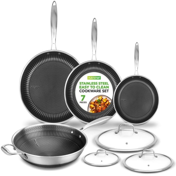 NutriChef 7-Piece Stainless Steel Cookware Set, Triply Kitchenware with DAKIN Etching Nonstick Coating, Small/Medium/Large Stir Fry Pans with Lid & Wok