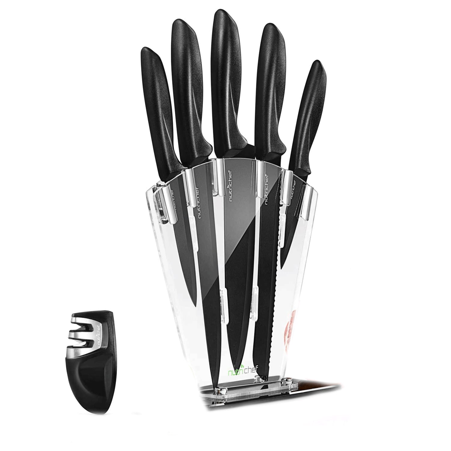 NutriChef 7 Piece Stainless Steel Knives Set with Block Stand and Sharpener