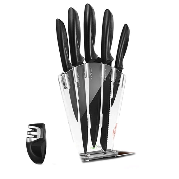 NutriChef 7 Piece Stainless Steel Knives Set with Block Stand and Sharpener