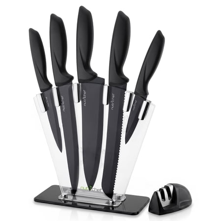 NutriChef 7 Piece Stainless Steel Knives Set with Block Stand and Sharpener