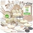 thumbnail image 1 of NutriChef 75-Piece Non-Stick Pots and Pans Set, Complete Ceramic Cookware Set with Bakeware, Utensils, Knife Set, & Accessories, Stain-Resistant, Food-Grade Safe, Cream/Brown, 1 of 7