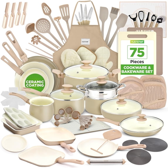 NutriChef 75-piece non-stick ceramic cookware set with bakeware, utensils, and knife set, Off-White
