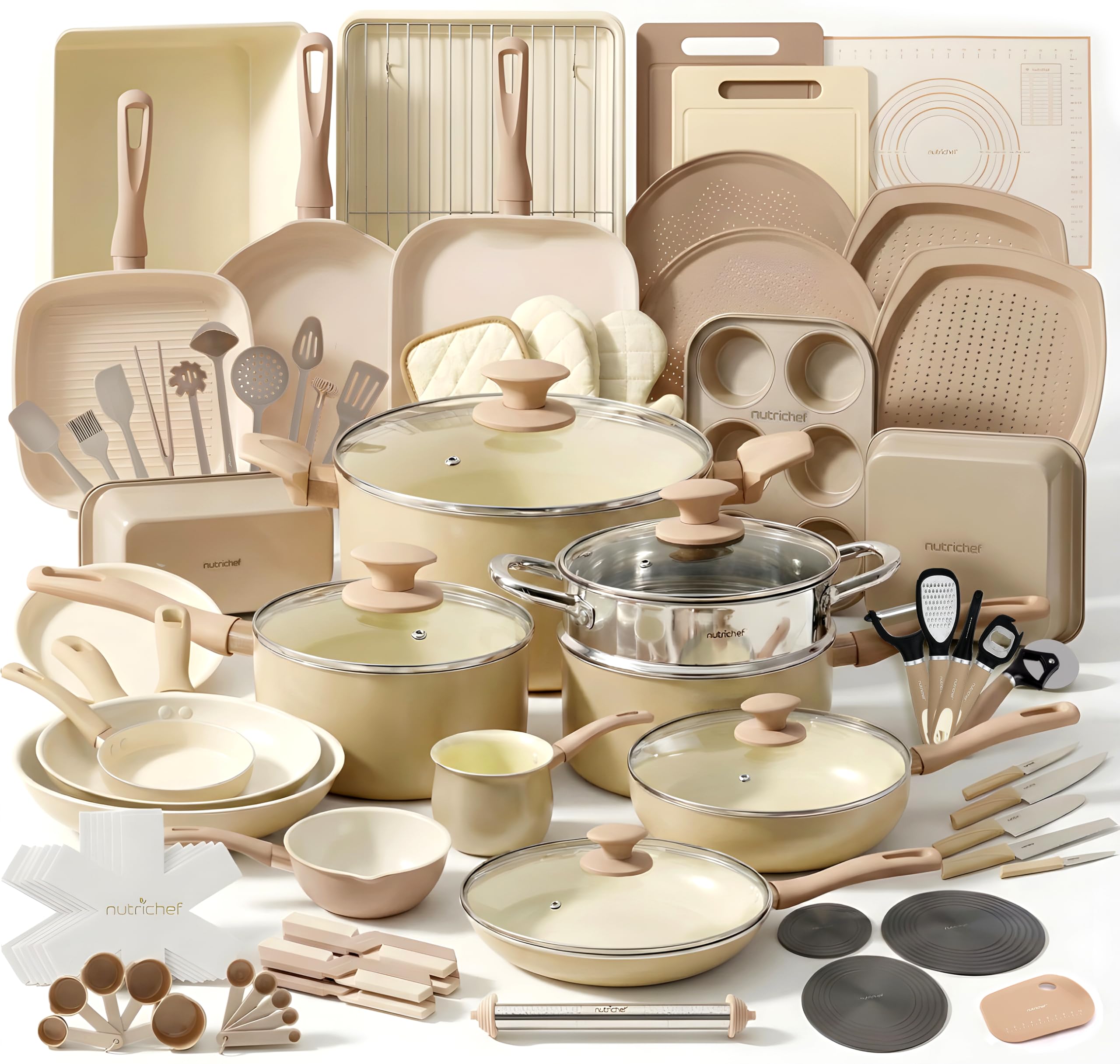 NutriChef 75 Piece Non Stick Pots Pans Set Complete Ceramic Cookware Set Bakeware Utensils Knife Set Accessories Stain Resistant Food Grade Safe Crea: Worth Buying?
