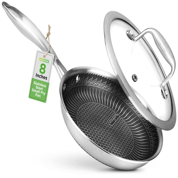 NutriChef 8-Inch Triply Stainless Steel Stir Fry Pan with Glass Lid, DAKIN Etched Non-Stick Coating, Aluminum Core, Oven & Dishwasher Safe