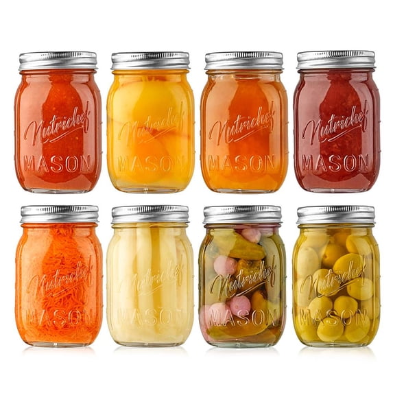 NutriChef 8-Pcs Glass Mason Jars with Lids & Bands – DIY Spice Jars for Meal Prep, Jam, Honey & Wedding Favors