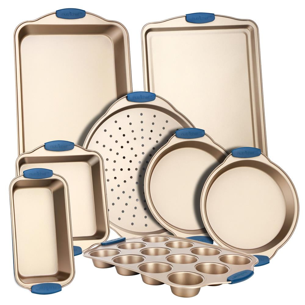NutriChef 8 Pcs Nonstick Bakeware Set Carbon Steel Baking Trays W/ Heat safe Blue Silicone Handles