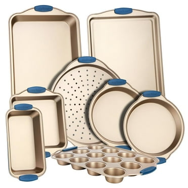 NutriChef 8 Pcs Nonstick Bakeware Set Carbon Steel Baking Trays W/ Heat safe Blue Silicone Handles