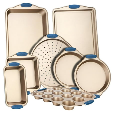 NutriChef 8 Pcs Nonstick Bakeware Set Carbon Steel Baking Trays W/ Heat safe Blue Silicone Handles