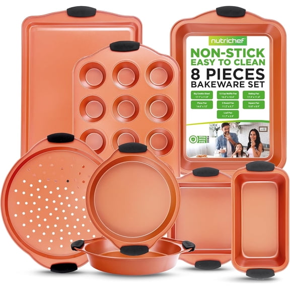 NutriChef 8 Piece Baking Pans Set - Nonstick Carbon Steel Bakeware Set w/ Silicone Heat-Safe Handles - Includes Loaf Pan, Muffin Pan, Cookie Sheets, Pizza Crisper, Roasting Pans - Copper