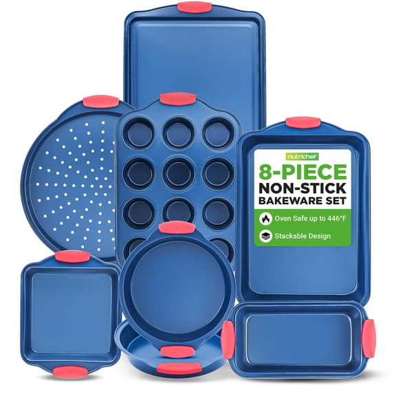 NutriChef 8-Piece Nonstick Bakeware Set, Carbon Steel Baking Pans with Blue Coating & Red Silicone Handles, Durable, Stain-Resistant Kitchen Set for Cakes, Muffins & Cookies