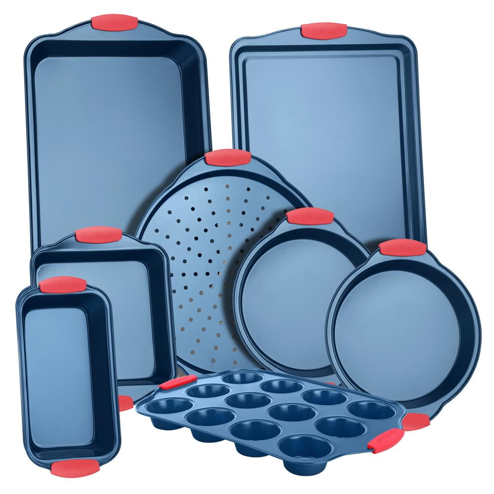NutriChef 8-Piece Blue Nonstick Carbon Steel Bakeware Set with Red Silicone Handles