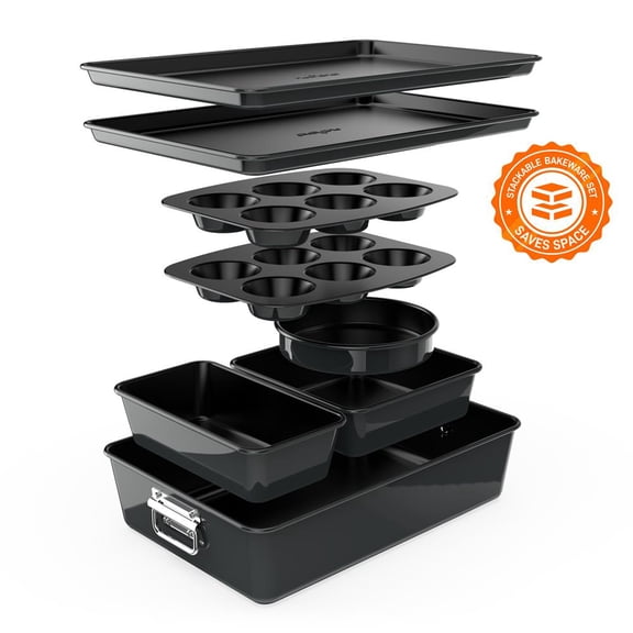 NutriChef 8-Piece Nonstick Bakeware Set Baking Tray Set w/ Non-Stick Coating, 450°F Oven Safe, Round Cake, Loaf, Muffin, Wide/Square Pans, Cookie Sheet (Black)