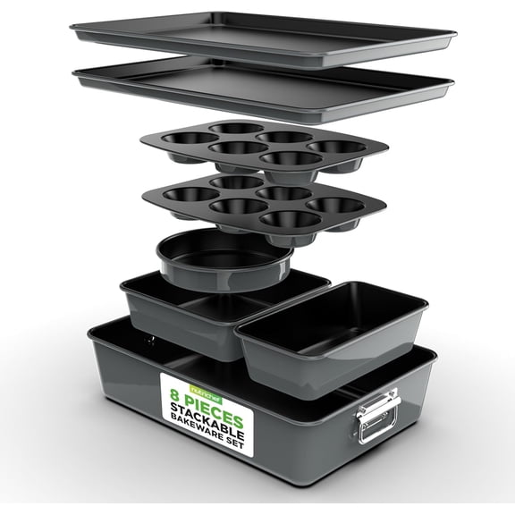 NutriChef 8-Piece Nonstick Stackable Bakeware Set Baking Tray Set W/ Non-Stick Coating (Gray)