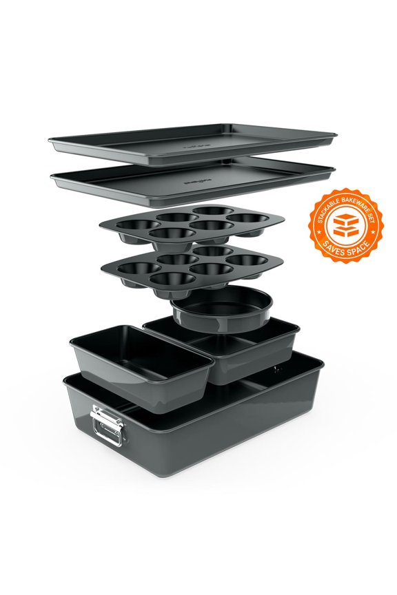 8-Piece Nonstick Stackable Bakeware Set Baking Tray Set W/ Non-Stick Coating (Gray)