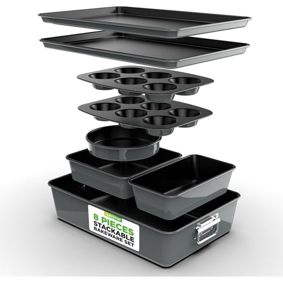 NutriChef 8-Piece Nonstick Stackable Bakeware Set Baking Tray Set W/ Non-Stick Coating (Gray)
