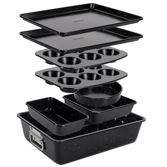 NutriChef 8-Piece Stackable Bakeware Set - Carbon Steel Non-Stick Baking Pan Set, Sheet, Muffin, Round, Loaf, Square Cake & Deep Pans, 450°F Heat Resistant, Standard & Convection Ovens (Black Marble)