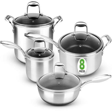 NutriChef 8-Piece Triply Stainless Steel Cookware Set, Nonstick Pots & Pans with Sauce Pot, Stew Pot, Cooking Pot, Frying Pan & Lids