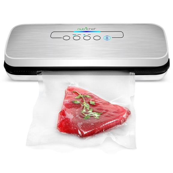 NutriChef Automatic Food Vacuum Sealer, High Suction Air Sealing Machine for Dry & Moist Foods, LED Touch Controls, Includes Bags, Hose & Wine Stopper