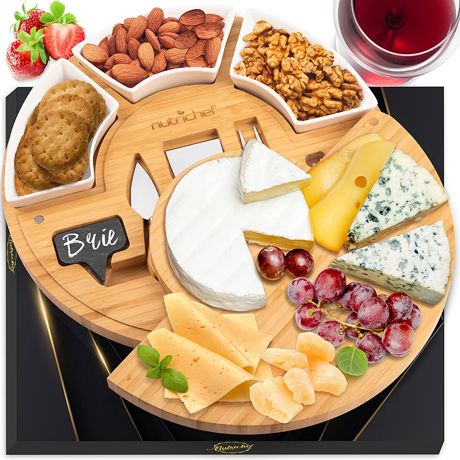 Organic Bamboo Round Cheese Board Serving Set with Ceramic Bowls